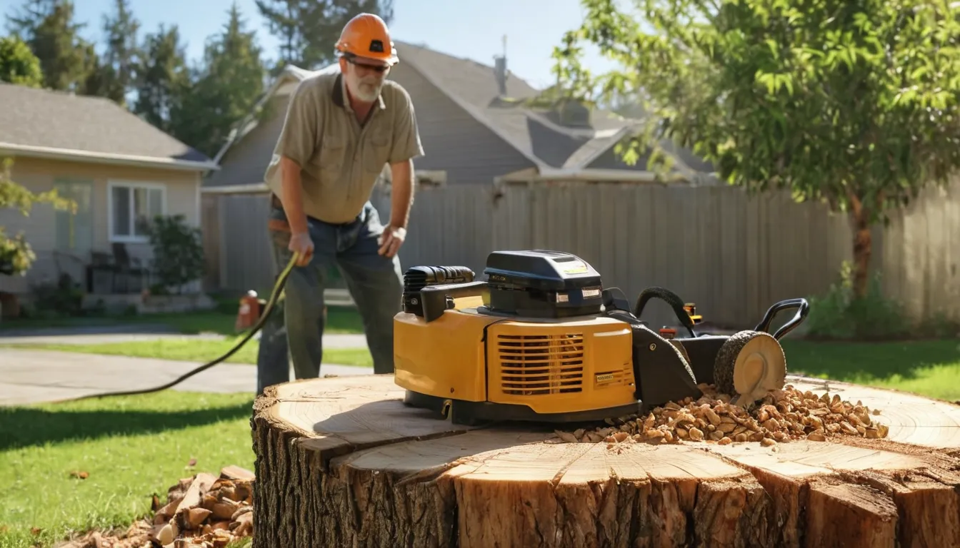 Stump grinder working on a tree stump in a residential backyard near Kettering