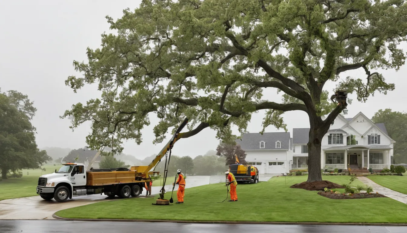 A local tree removal provider guiding a cut section of a large tree down beside a house in the Kettering area